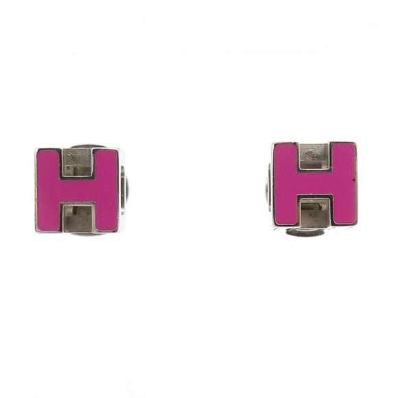 HERMES H Cube Pierce Earrings Silver/Magenta Metal/Enamel - Picture 9 of 10